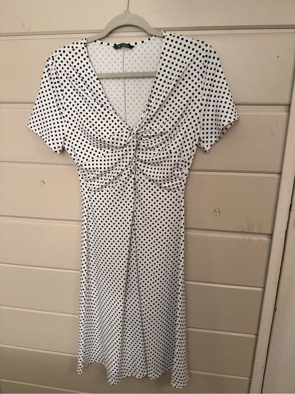 Halara Polka Dot Ruched V-Neck Midi Dress - White with Black Dots. Medium